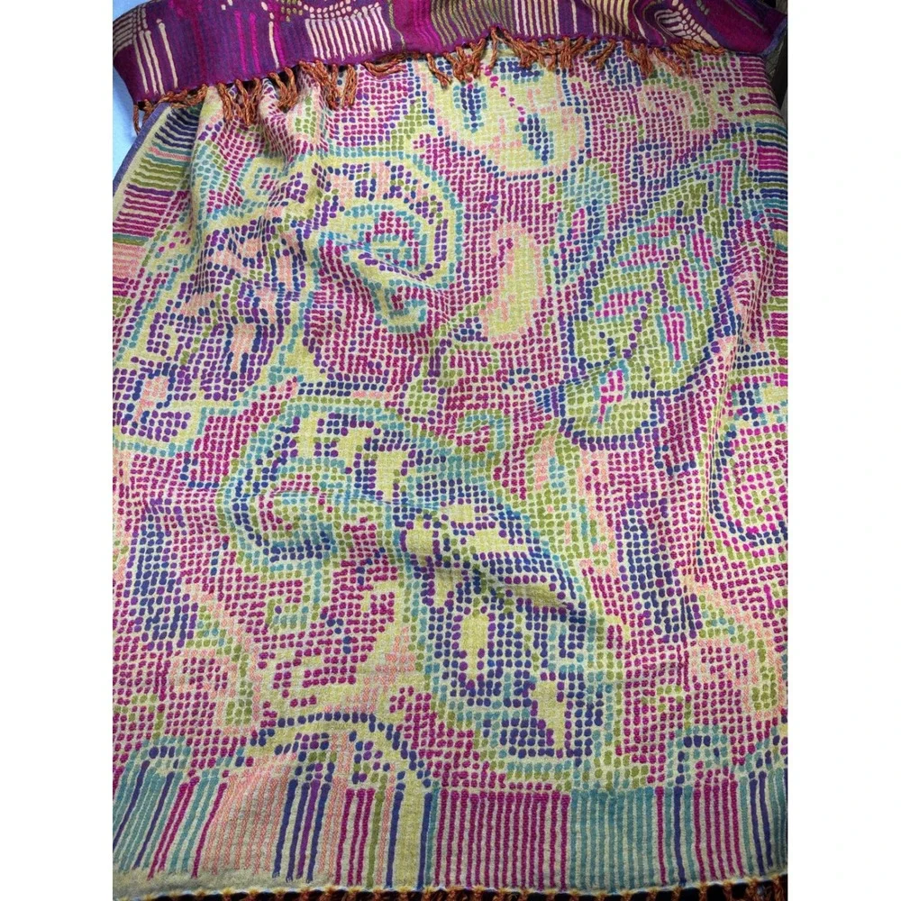 Shingora Home 100% Wool Throw Blanket Reversible Paisley Fringe Pink Gold India